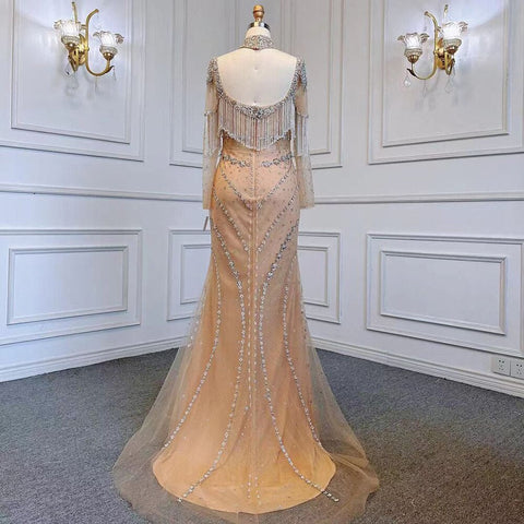 Vestido de noche elegante árabe de sirena, sexy, color plata, nude, con mangas largas y borlas, con cuentas, para fiesta, LA71716, 2025 