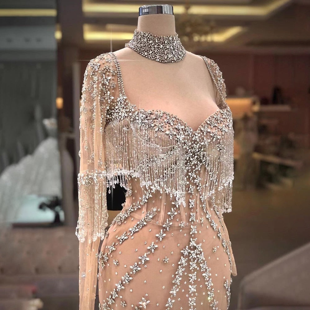 Sexy Sliver Nude Mermaid Elegant Arabic Full Sleeve Evening Dresses Gowns Luxury Tassel Beaded 2025  Party LA71716