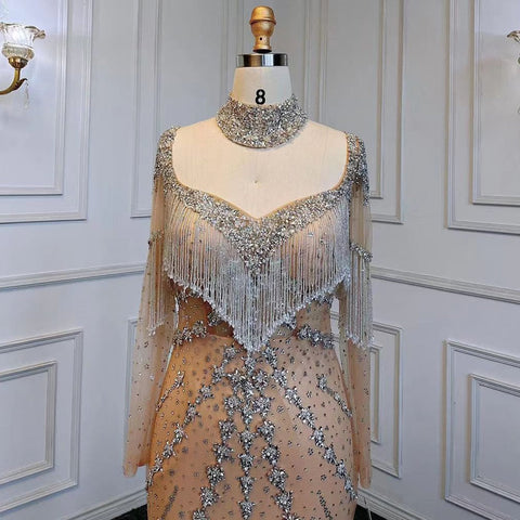 Vestido de noche elegante árabe de sirena, sexy, color plata, nude, con mangas largas y borlas, con cuentas, para fiesta, LA71716, 2025 