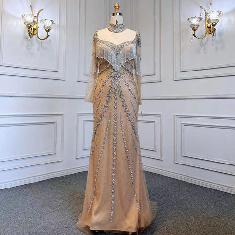 Vestido de noche elegante árabe de sirena, sexy, color plata, nude, con mangas largas y borlas, con cuentas, para fiesta, LA71716, 2025 