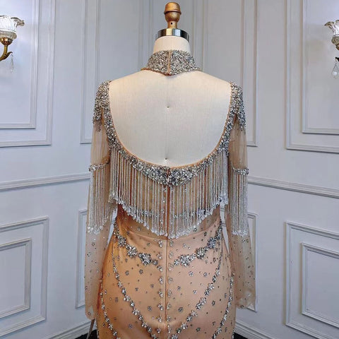 Vestido de noche elegante árabe de sirena, sexy, color plata, nude, con mangas largas y borlas, con cuentas, para fiesta, LA71716, 2025 