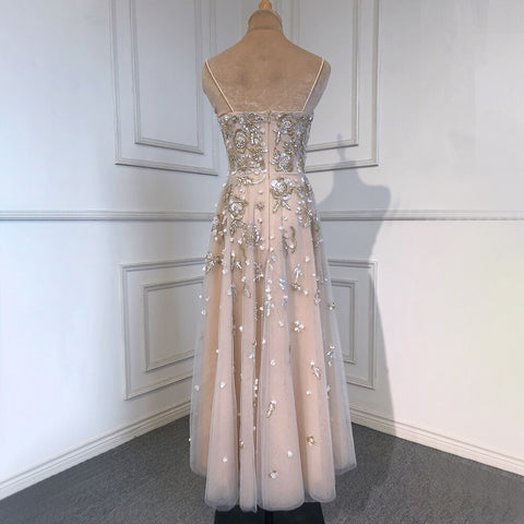 Vestido de noche sexy de corte A con tirantes finos, cuentas y escote en V, estilo árabe, para fiesta, LA71733 