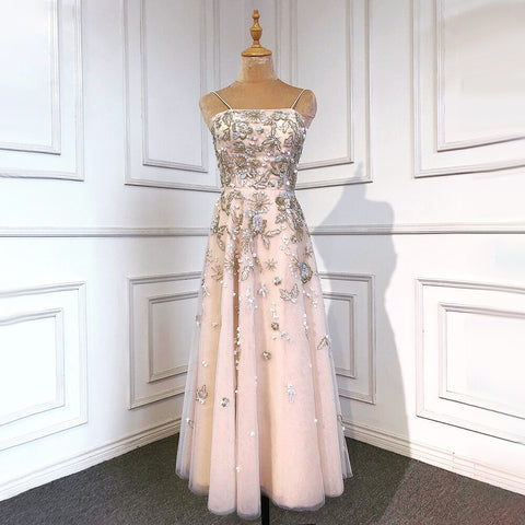 Vestido de noche sexy de corte A con tirantes finos, cuentas y escote en V, estilo árabe, para fiesta, LA71733 