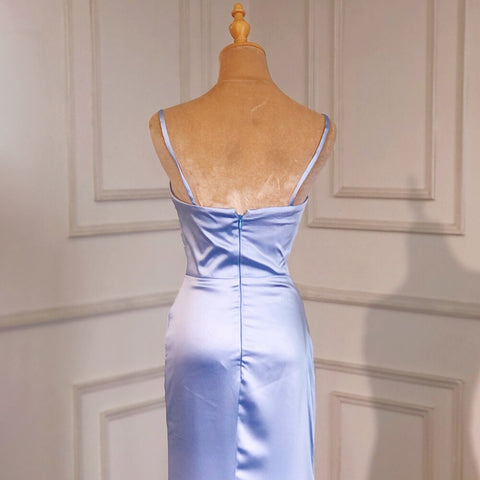 Vestidos de noche árabes de satén con tirantes finos, elegantes, de sirena azul, sin espalda, para mujer, 2025, para fiesta, LA71738 