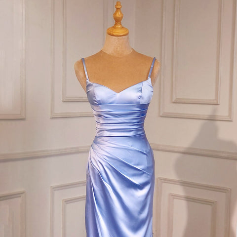 Vestidos de noche árabes de satén con tirantes finos, elegantes, de sirena azul, sin espalda, para mujer, 2025, para fiesta, LA71738 