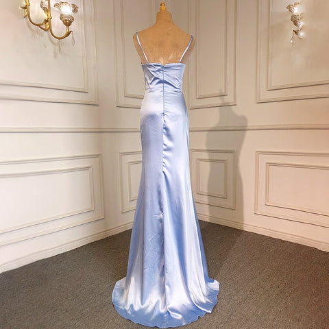 Vestidos de noche árabes de satén con tirantes finos, elegantes, de sirena azul, sin espalda, para mujer, 2025, para fiesta, LA71738 