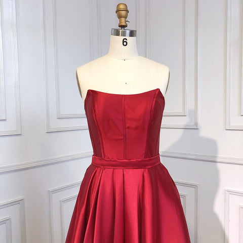 Vestidos de noche sexys de satén árabe dubaití, sin tirantes, rojos, corte en A, espalda descubierta, para mujer, 2025, fiesta, LA71737 