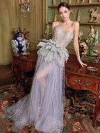 Sexy Sweetheart Strapless Silver A Line Luxury Crystal Evening Dresses Gowns 2025 For Women Wedding Party LA71647