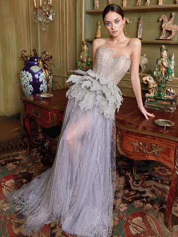 Vestidos de noche de lujo con cristales, corte A, plateados, sin tirantes y escote corazón, para mujer, para boda o fiesta, LA71647 