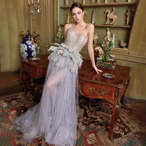 Vestidos de noche de lujo con cristales, corte A, plateados, sin tirantes y escote corazón, para mujer, para boda o fiesta, LA71647 