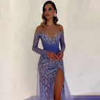 Sexy V Neck Blue Mermaid High Split Elegant With Skirt Lace Beaded Evening Dresses Gowns For Women Party 2025 LA71809