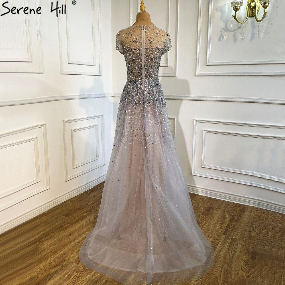 Silver A-Line Tulle Evening Dresses 2025 Dubai Short Sleeves Beading Formal Dress Design LA70715