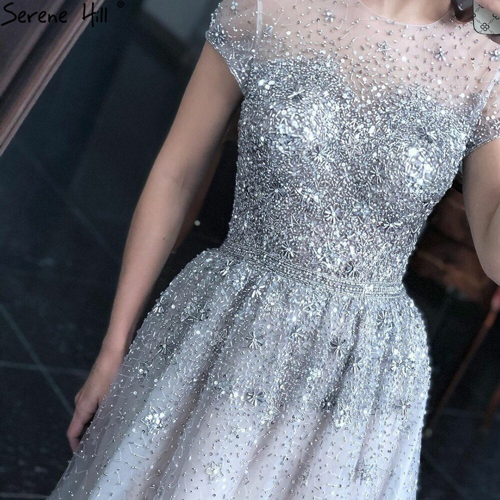 Silver A-Line Tulle Evening Dresses 2025 Dubai Short Sleeves Beading Formal Dress Design LA70715