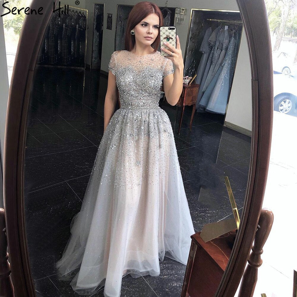 Silver A-Line Tulle Evening Dresses 2025 Dubai Short Sleeves Beading Formal Dress Design LA70715