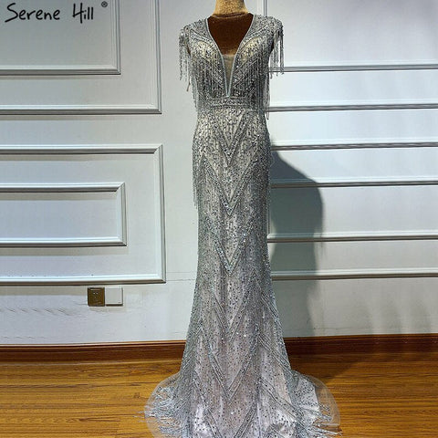 Vestidos de noche de lujo con borlas y cuentas plateadas, vestidos de fiesta elegantes de sirena con mangas cortas 2025 para mujer LA60830 