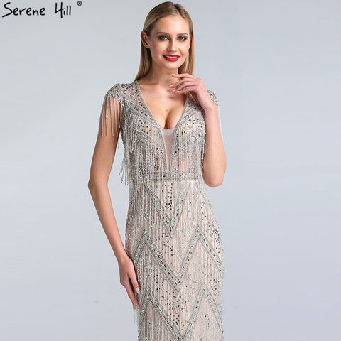 Vestidos de noche de lujo con borlas y cuentas plateadas, vestidos de fiesta elegantes de sirena con mangas cortas 2025 para mujer LA60830 