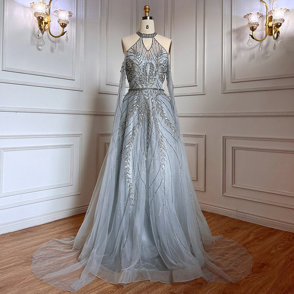 Silver Blue  A-Line Sexy Cape Sleeves Beaded Luxury Evening Dresses Gowns For Women Arabic Party 2025 LA71828