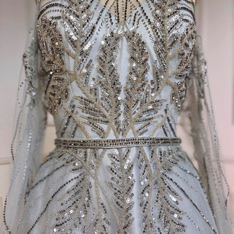 Vestido de noche de lujo con cuentas, corte A, sexy, azul plateado, con mangas tipo capa y escote en A, para mujer, estilo árabe, fiesta 2025, LA71828 