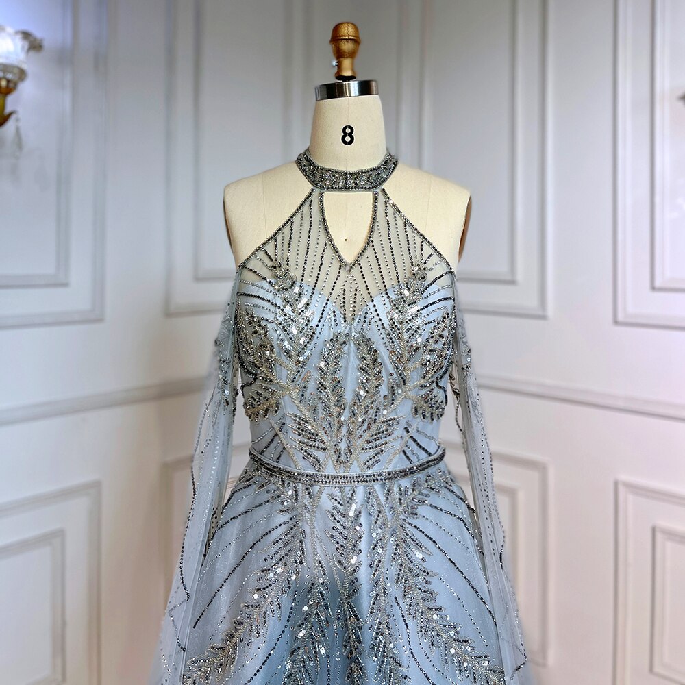 Silver Blue  A-Line Sexy Cape Sleeves Beaded Luxury Evening Dresses Gowns For Women Arabic Party 2025 LA71828
