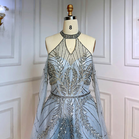 Vestido de noche de lujo con cuentas, corte A, sexy, azul plateado, con mangas tipo capa y escote en A, para mujer, estilo árabe, fiesta 2025, LA71828 