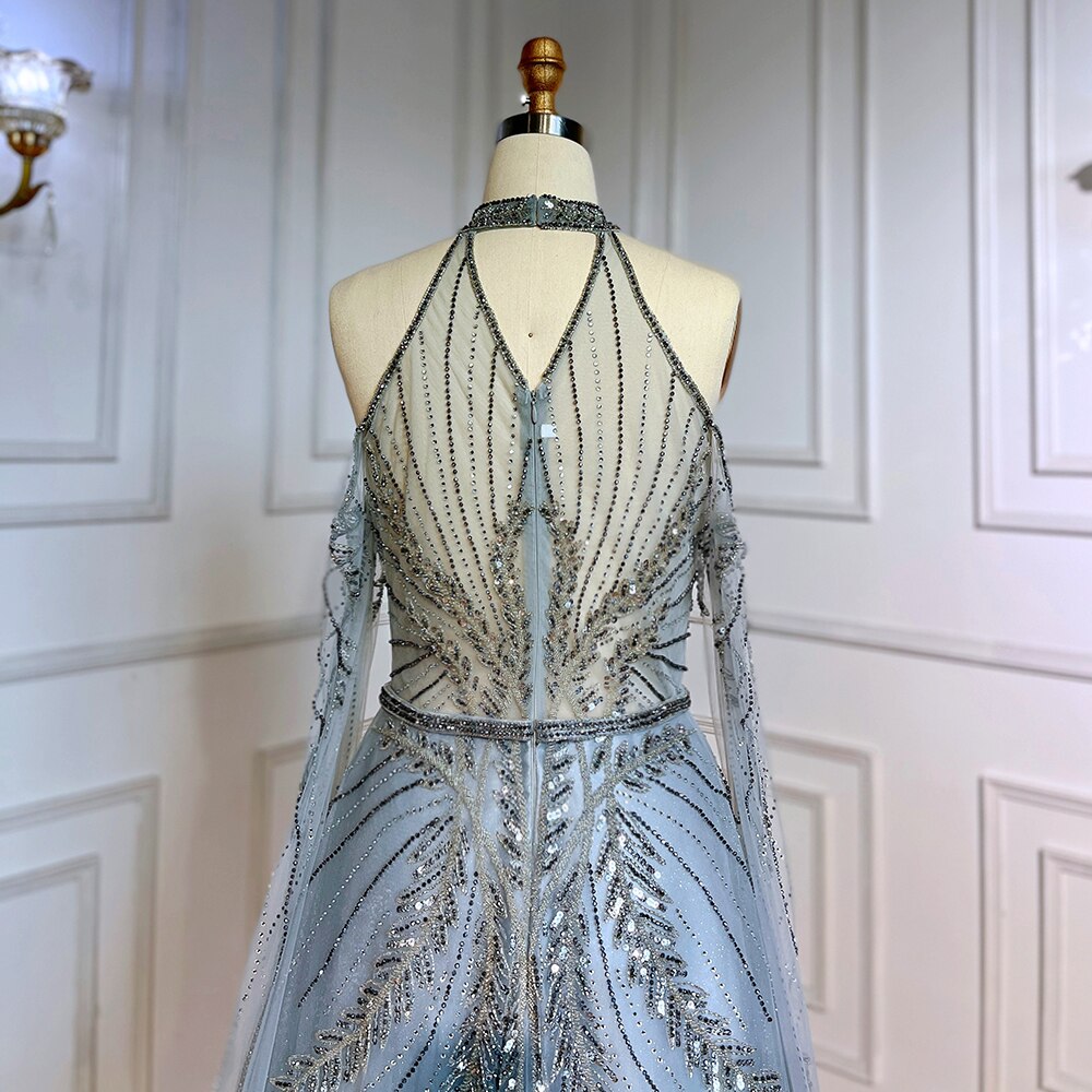 Silver Blue  A-Line Sexy Cape Sleeves Beaded Luxury Evening Dresses Gowns For Women Arabic Party 2025 LA71828