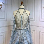 Silver Blue  A-Line Sexy Cape Sleeves Beaded Luxury Evening Dresses Gowns For Women Arabic Party 2025 LA71828