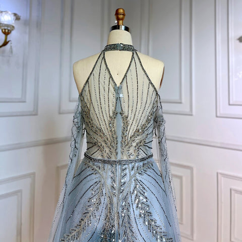 Vestido de noche de lujo con cuentas, corte A, sexy, azul plateado, con mangas tipo capa y escote en A, para mujer, estilo árabe, fiesta 2025, LA71828 