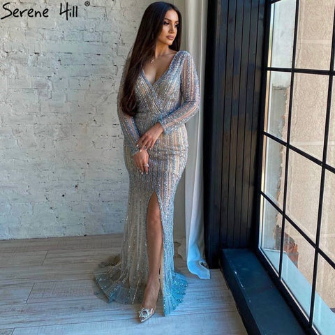 Vestido de noche con abertura y corte sirena en azul plateado, elegante, de lujo, con cuentas, para mujer, fiesta, LA71392 