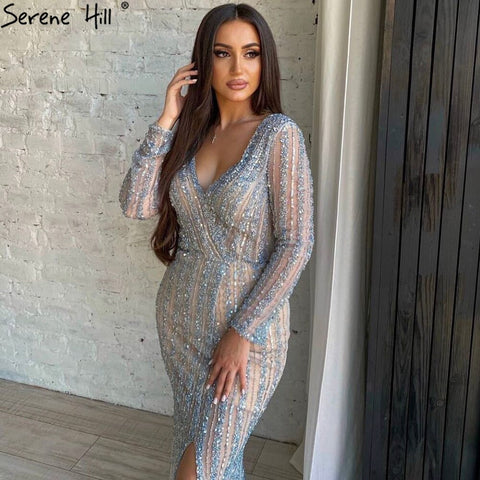 Vestido de noche con abertura y corte sirena en azul plateado, elegante, de lujo, con cuentas, para mujer, fiesta, LA71392 