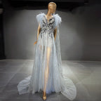 Silver Cape Sleeves Evening Dresses Gowns 2025 Beaded Feather A-Line Luxury For Women Party LA71546