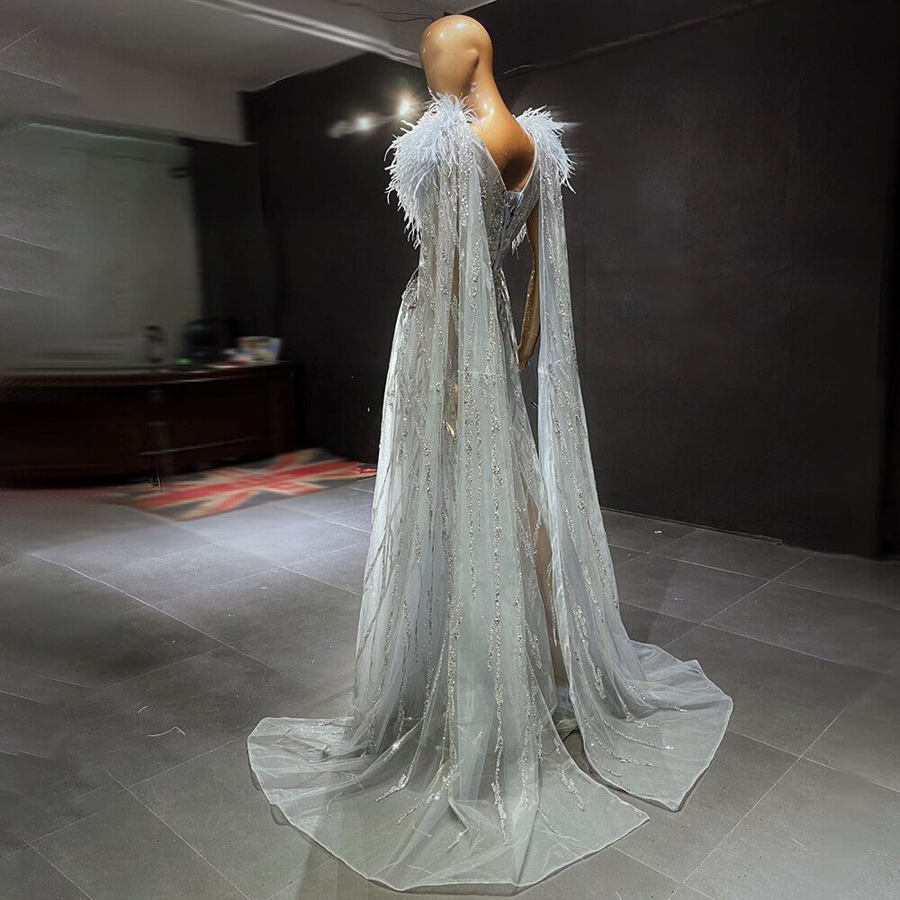 Silver Cape Sleeves Evening Dresses Gowns 2025 Beaded Feather A-Line Luxury For Women Party LA71546