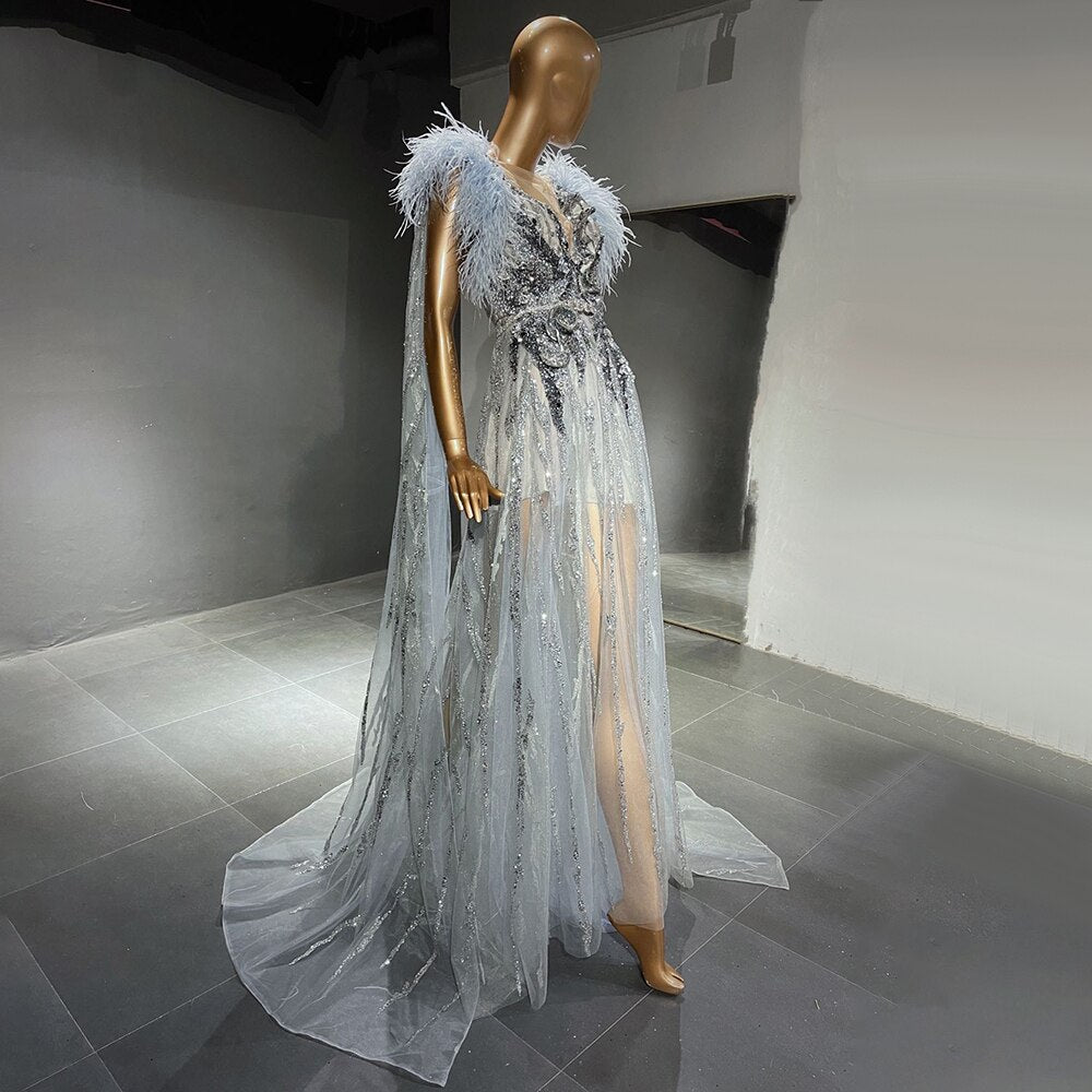 Silver Cape Sleeves Evening Dresses Gowns 2025 Beaded Feather A-Line Luxury For Women Party LA71546