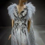 Silver Cape Sleeves Evening Dresses Gowns 2025 Beaded Feather A-Line Luxury For Women Party LA71546