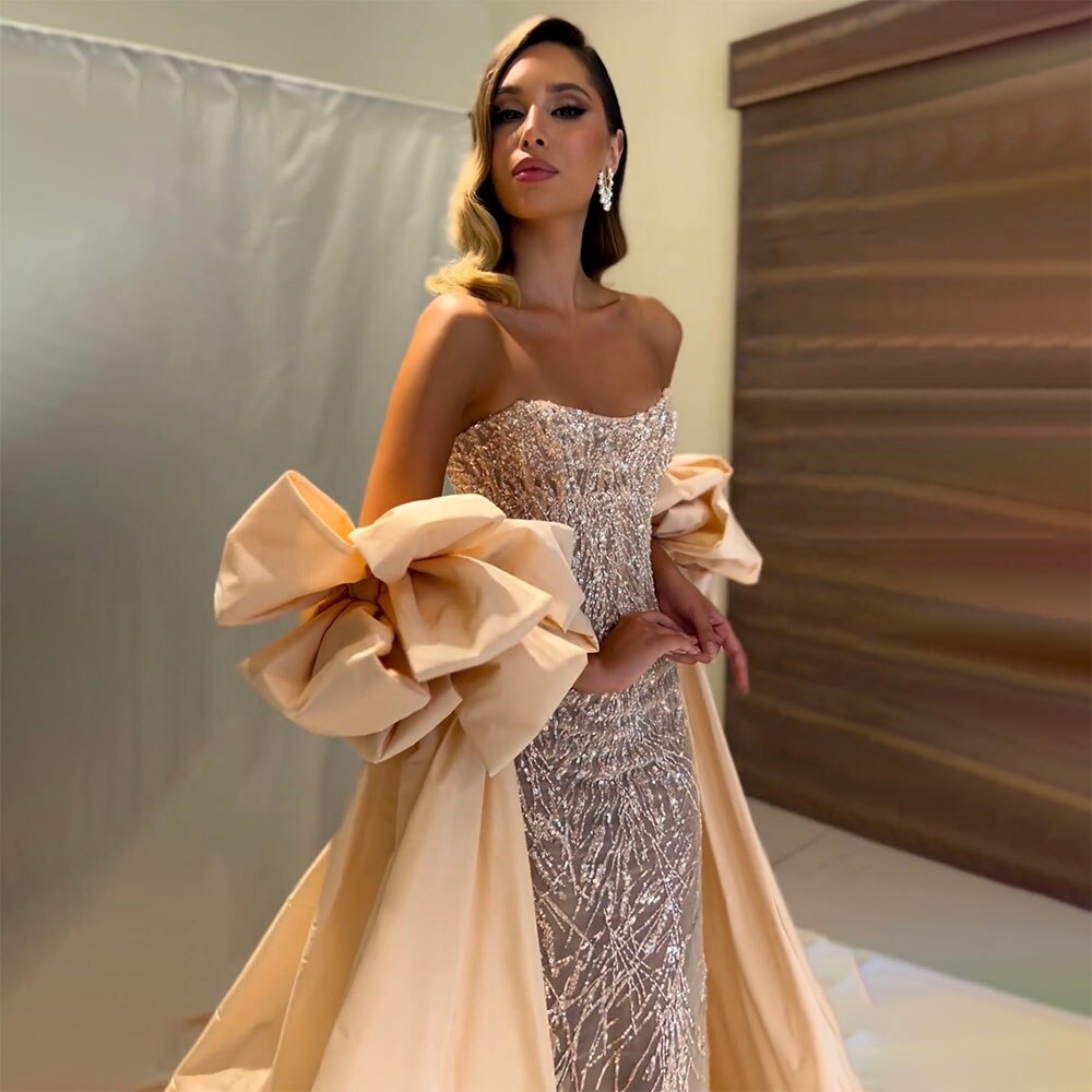 Silver Crystal Sexy Strapless Mermaid Sparkly Short Puff Sleeves Evening Dresses Gowns For Women Party 2025 LA71808