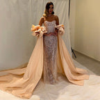 Silver Crystal Sexy Strapless Mermaid Sparkly Short Puff Sleeves Evening Dresses Gowns For Women Party 2025 LA71808