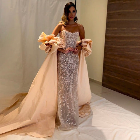 Vestido de noche sexy de sirena sin tirantes, con cristales plateados y mangas abullonadas cortas y brillantes para mujer, ideal para fiestas 2025 LA71808 