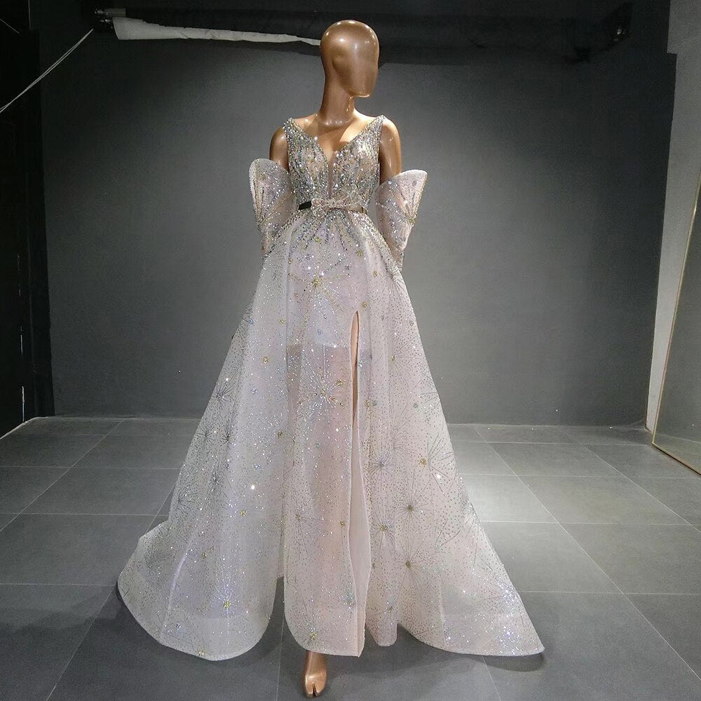 Silver Detachable Sleeves Evening Dresses Gowns 2025 Beaded Luxury A-Line For Women Party LA71534