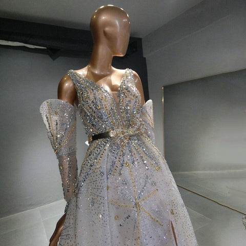 Vestidos de noche plateados con mangas desmontables, vestidos de noche de lujo con cuentas, corte A, para mujer, fiesta, LA71534 