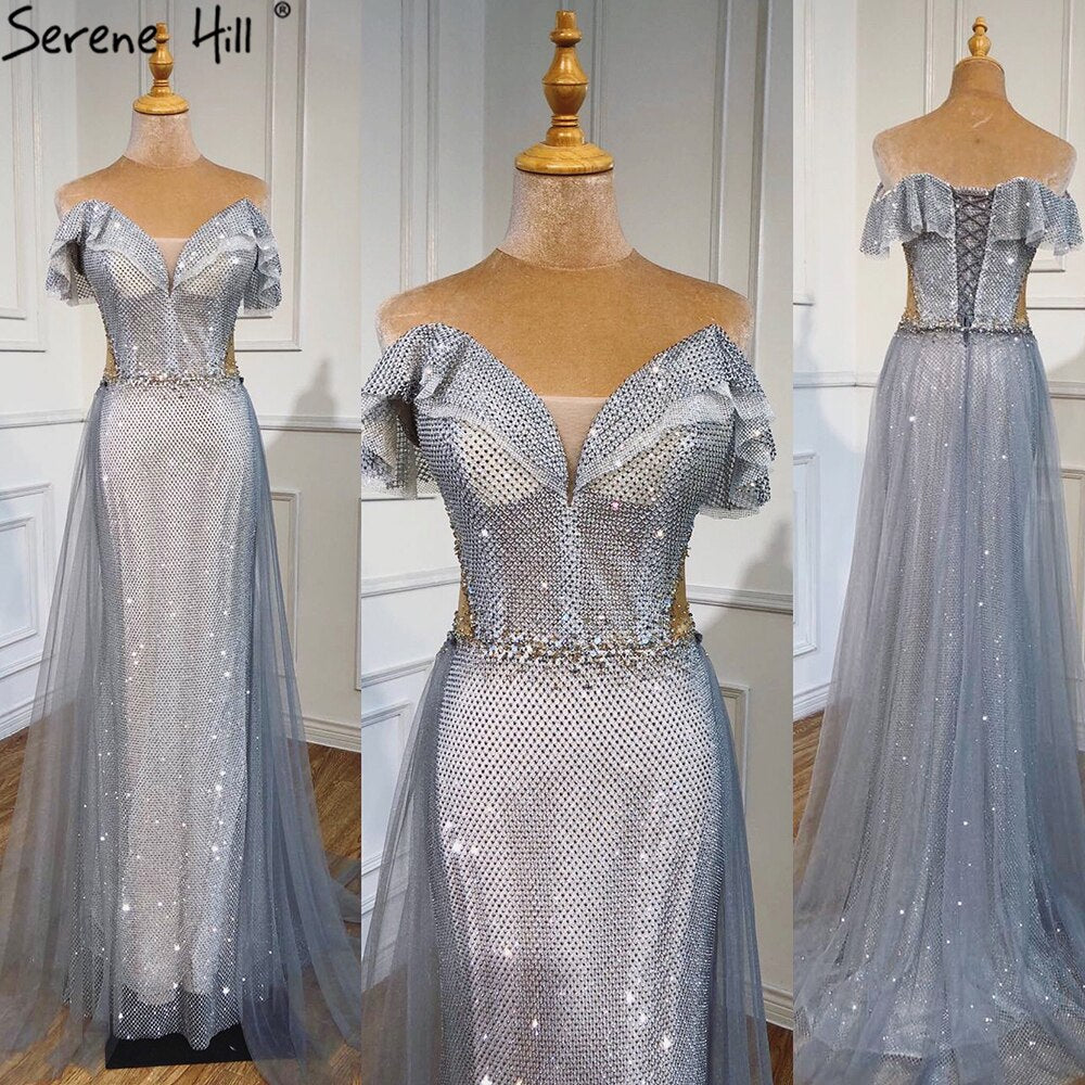 Silver Detachable Train Evening Dresses Gowns 2025 Luxury Sparkle Mermaid For Wowmen Party LA70813