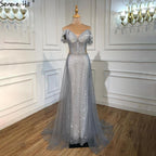 Silver Detachable Train Evening Dresses Gowns 2025 Luxury Sparkle Mermaid For Wowmen Party LA70813