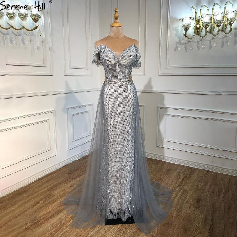 Silver Detachable Train Evening Dresses Gowns 2025 Luxury Sparkle Mermaid For Wowmen Party LA70813