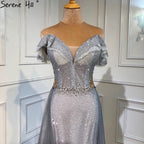 Silver Detachable Train Evening Dresses Gowns 2025 Luxury Sparkle Mermaid For Wowmen Party LA70813