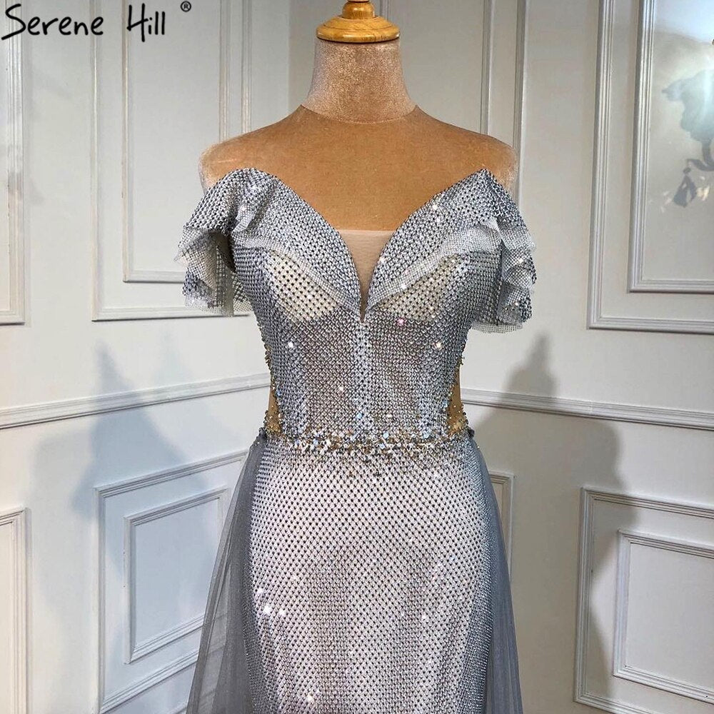Silver Detachable Train Evening Dresses Gowns 2025 Luxury Sparkle Mermaid For Wowmen Party LA70813