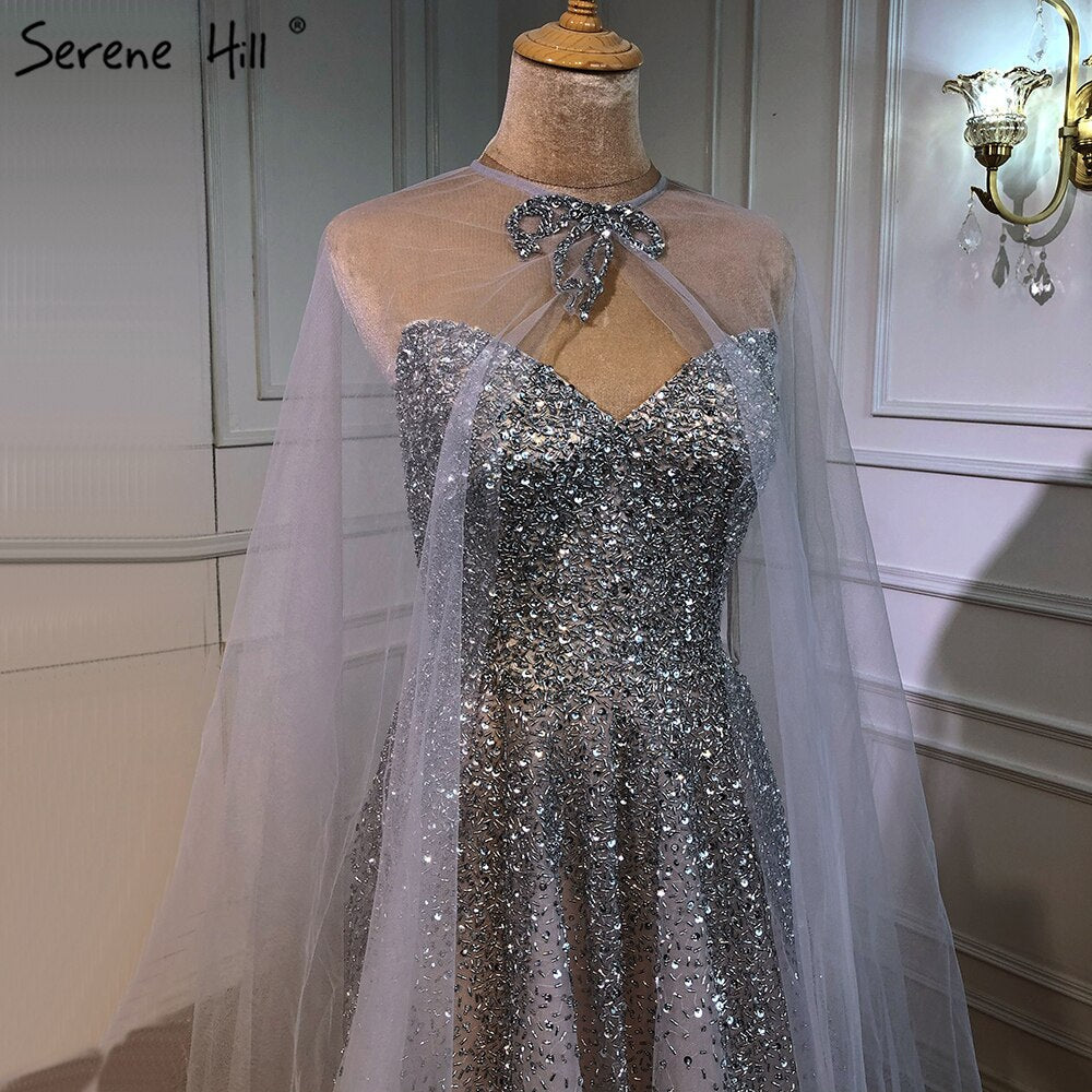 Silver Luxury A-Line Evening Dresses Gowns 2025 With Cape Beaded Sexy For Woman Party LA70644