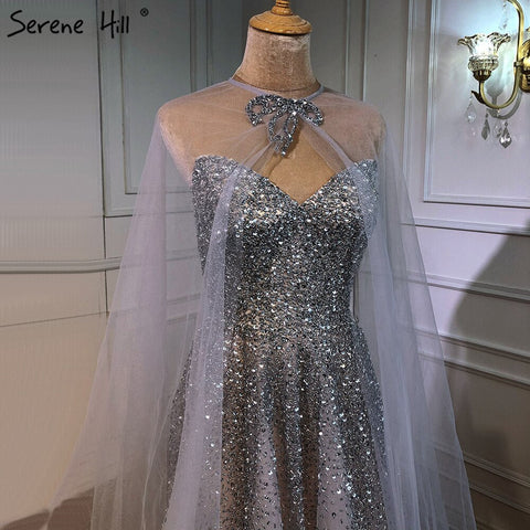 Vestidos de noche plateados de lujo, corte A, con capa y cuentas, sexys, para mujer, fiesta, LA70644 