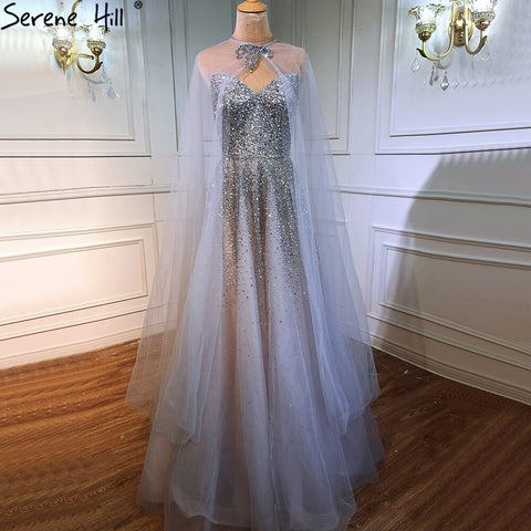 Vestidos de noche plateados de lujo, corte A, con capa y cuentas, sexys, para mujer, fiesta, LA70644 