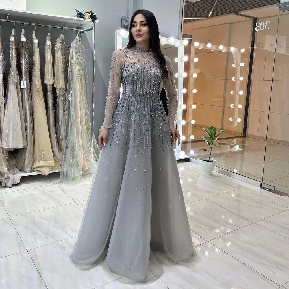 Silver Luxury Sexy Evening Dresses Gowns A-Line Beaded Crystal Lace Up 2025 For Women Party LA71227