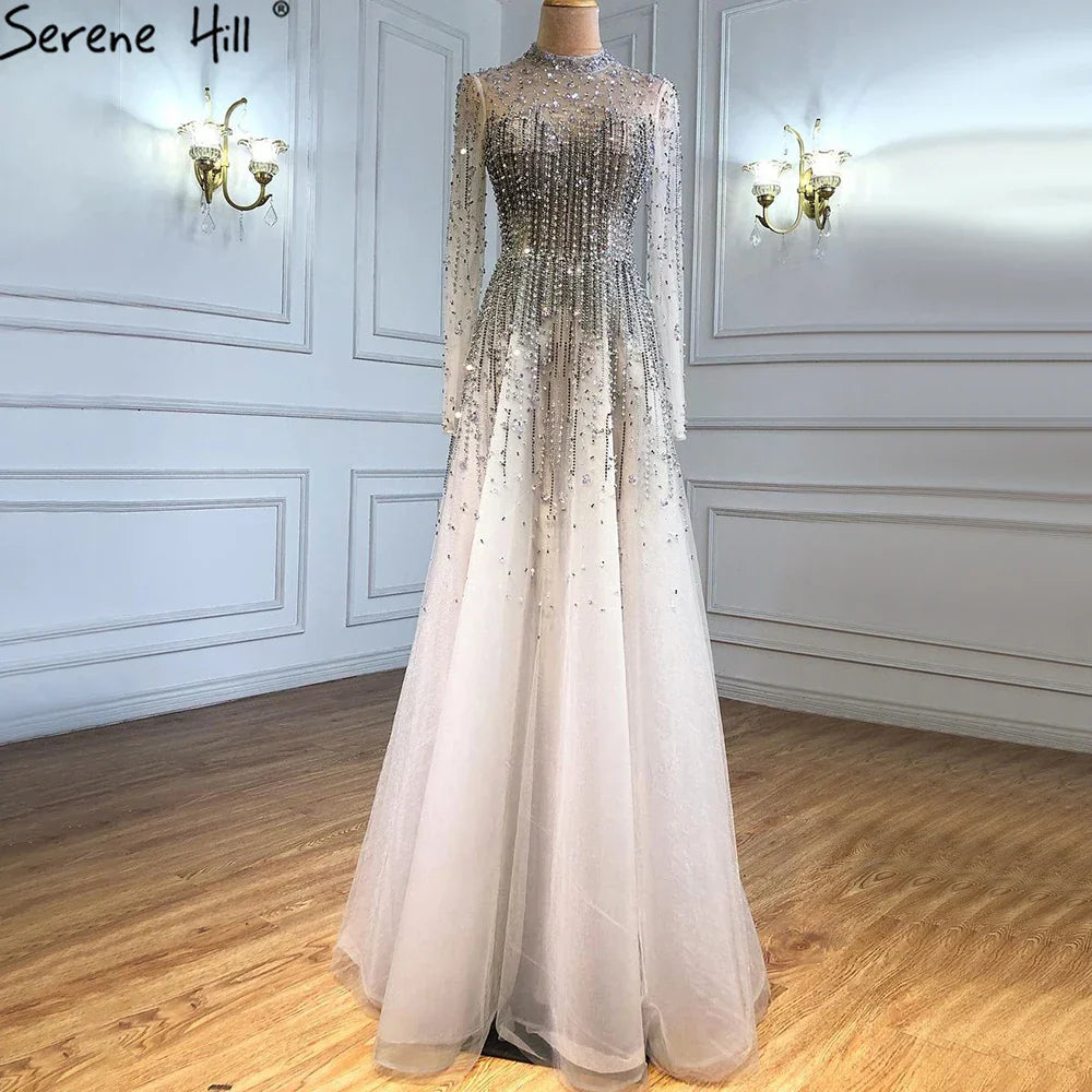 Silver Luxury Sexy Evening Dresses Gowns A-Line Beaded Crystal Lace Up 2025 For Women Party LA71227