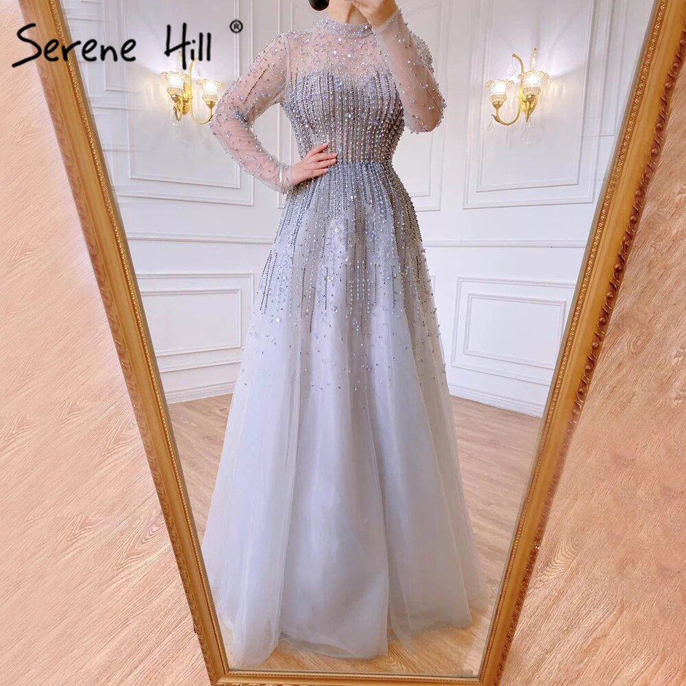 Silver Luxury Sexy Evening Dresses Gowns A-Line Beaded Crystal Lace Up 2025 For Women Party LA71227