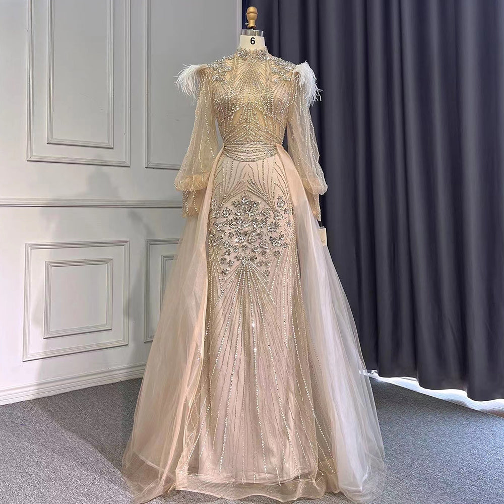 Silver Mermaid Elegant Avond Jurken 2025 Volledige Mouwen Luxe Veren Kralen Voor Vrouwen Party LA71036A